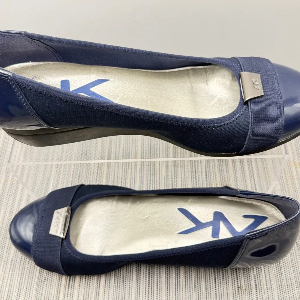 Anne Klein Sport Birta Navy Blue Wedge Pumps Size 6.5 Patent Cap Toe Low Heel